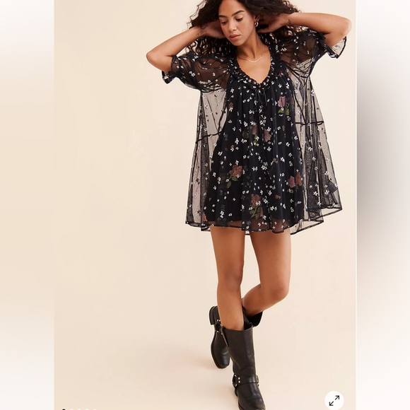 Free People Dresses & Skirts - Free People With Love mesh Floral Mini Dress Black sheer Size S Boho Romantic